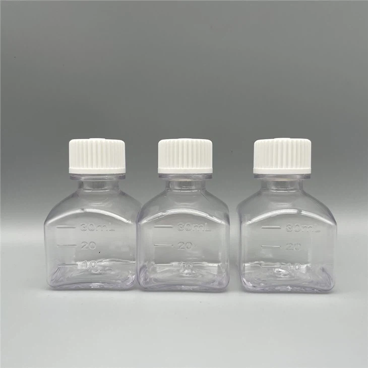 Laboratorij Factory 10 ml 30 ml 60 ml 125 ml 250 ml 500 ml Pet sterilna serumska celična kultura široka usta Prozorna plastična steklenička za reagent